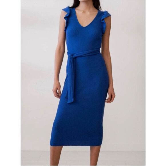 Nation LTD Oriana Ruffled Sash Dress Ribbed Midi Dress Royal Blue Suede NWT - Picture 3 of 14